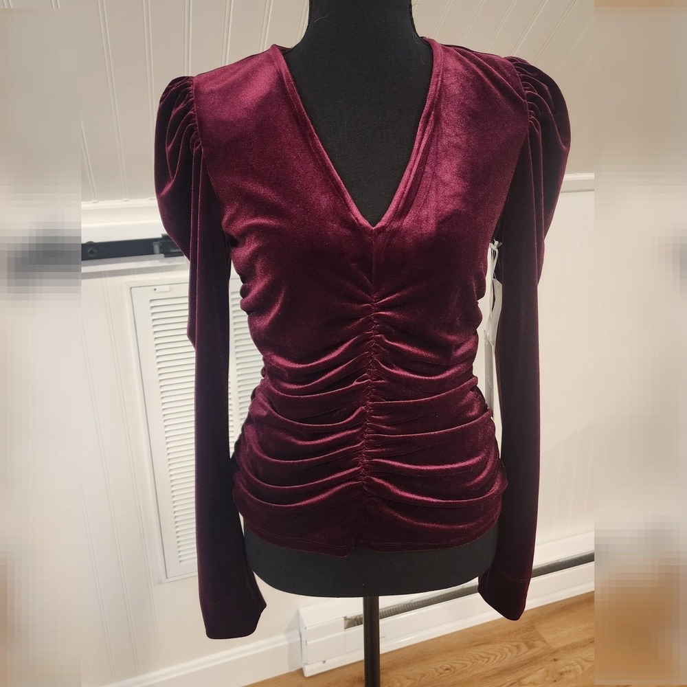 NWT CeCe Burgundy Red Velour Ruched Puff Sleeve Top Small Dark Romance Glam